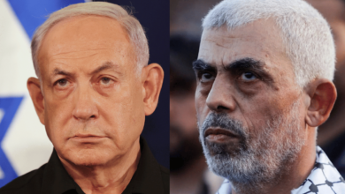 Hamas leader Yahya Sinwar, at right, and Israeli Prime Minister Benjamin Netanyahu, at left.