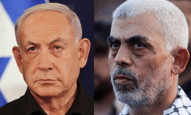 Hamas leader Yahya Sinwar, at right, and Israeli Prime Minister Benjamin Netanyahu, at left.