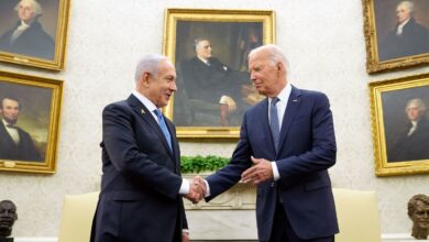 On Thursday, July 25, President Joe Biden (right) and Israeli Prime Minister Benjamin Netanyahu (left) shake hands in the Oval Office at the White House in Washington, DC. Photo by Susan Walsh/AP.