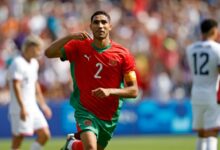 Achraf Hakimi of Morocco celebrates his team’s third goal against the USA at the Parc des Princes in Paris [Aurelien Morissard/AP].