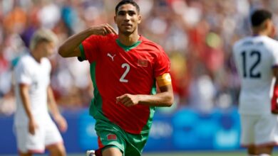 Achraf Hakimi of Morocco celebrates his team’s third goal against the USA at the Parc des Princes in Paris [Aurelien Morissard/AP].