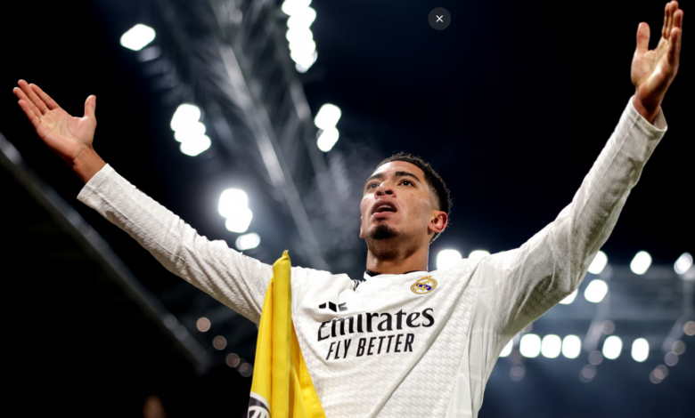 Jude Bellingham celebrates after netting Real Madrid's crucial third goal. Photo by Jonathan Moscrop/Getty Images.