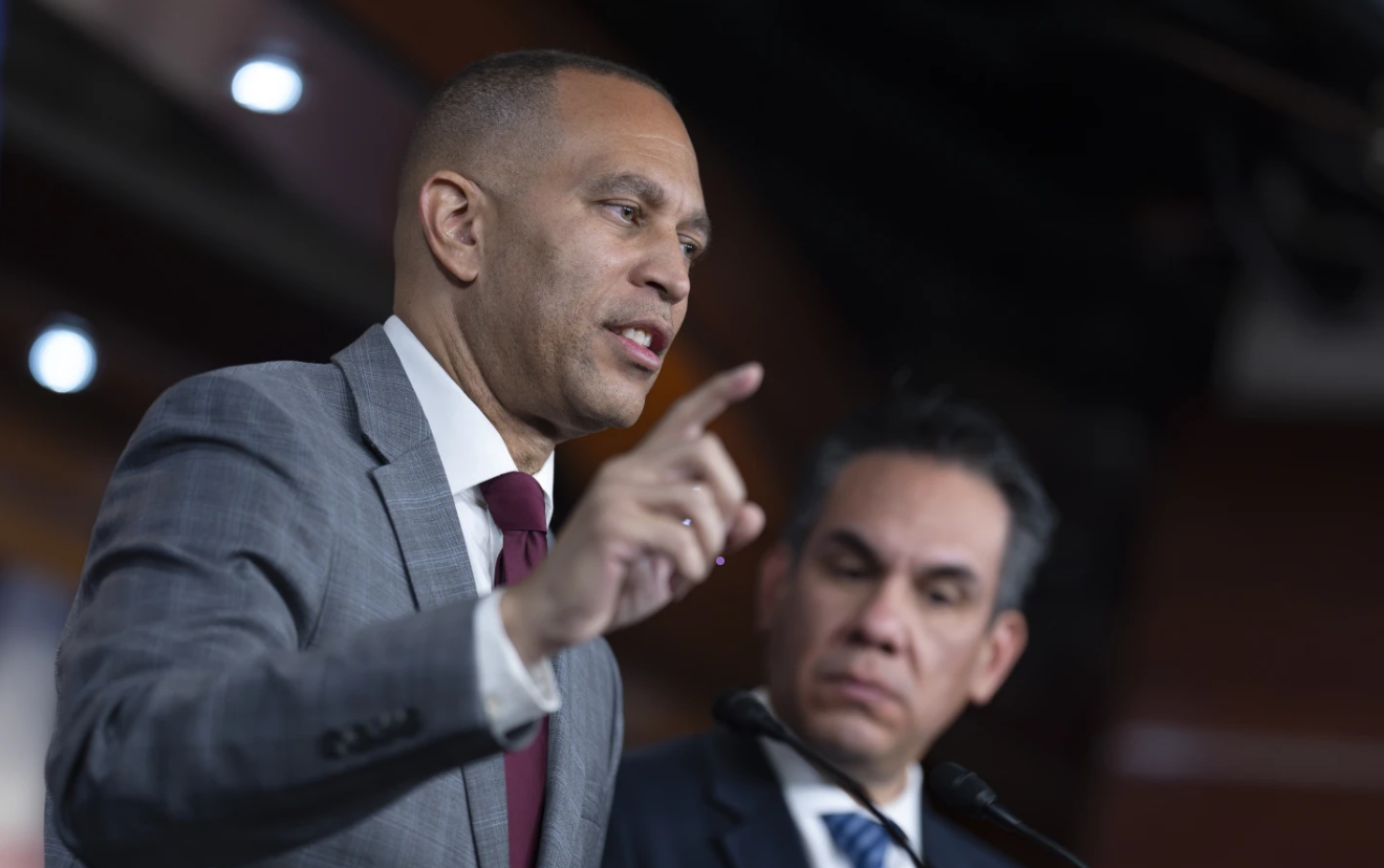 House Minority Leader Hakeem Jeffries and Rep. Pete Aguilar speak at a news conference after Trump rejects bipartisan shutdown plan, Dec. 19, 2024. (AP Photo/J. Scott Applewhite)