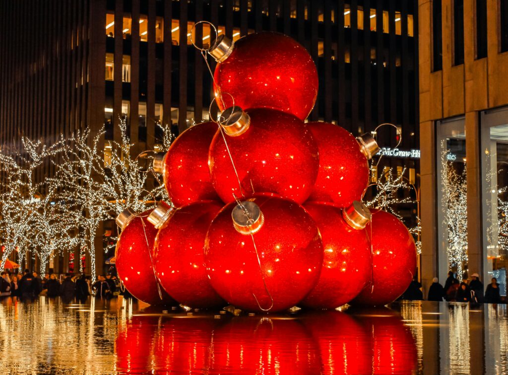 New York, NY, United States Giant Christmas Balls on Display over Water Fountain