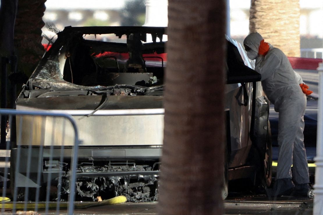 Tesla Cybertruck remnants inspected at Trump Tower entrance, Las Vegas, January 1, 2025. photo (Ronda Churchill/Reuters)