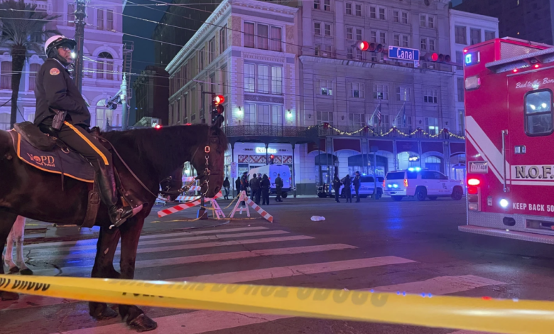 Emergency services respond after a vehicle plows into a crowd on Canal and Bourbon Street, Jan. 1, 2025. AP