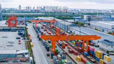Cranes load containers at Haian Logistics Park in Nantong, Jiangsu, May 9, 2025. Photo: VCG