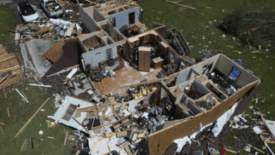 A home lies in ruins amid widespread destruction following a severe storm in London, Kentucky, on Saturday, May 17, 2025.