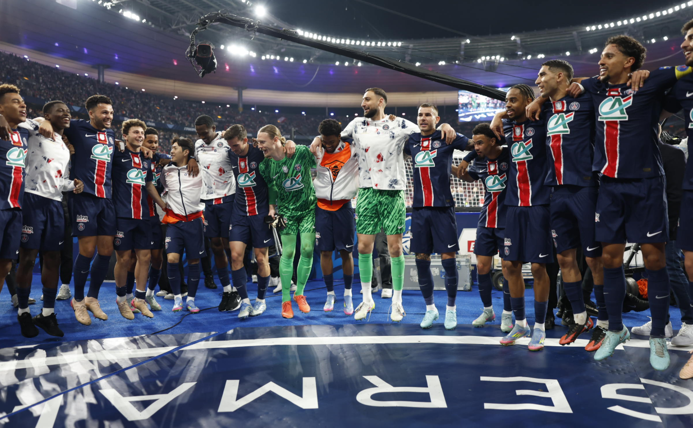 Paris Saint-Germain players celebrate winning the 2025 Coupe de France at Stade de France.