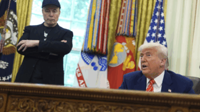 President Donald Trump and Elon Musk speaking together in the Oval Office at the White House on May 30, 2025.