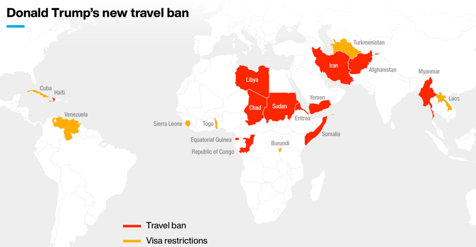 President Donald Trump has barred citizens from 12 countries from entering the U.S., with additional restrictions placed on travelers from seven more nations.