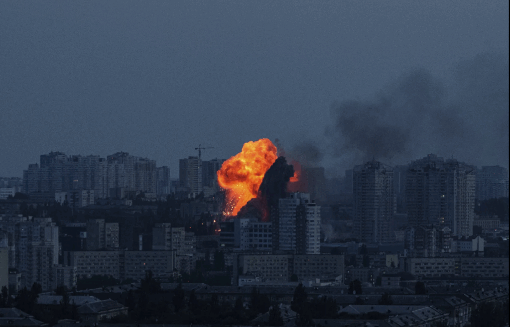 Explosion is seen after Russian air strike on Kyiv, Ukraine, on Friday, June 6, 2025.