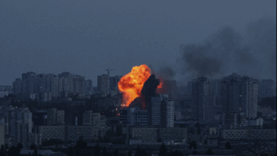 Explosion is seen after Russian air strike on Kyiv, Ukraine, on Friday, June 6, 2025.