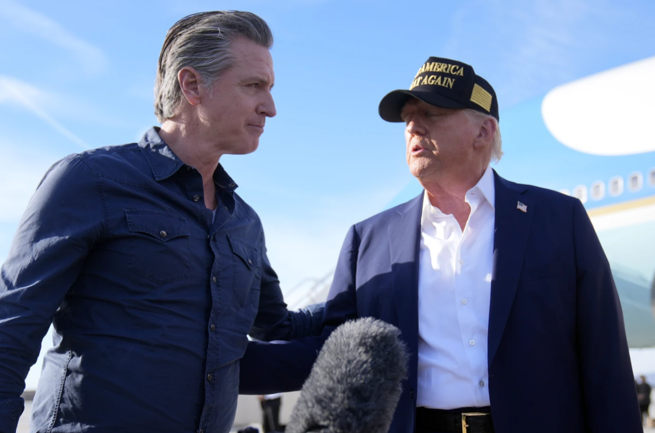 President Trump and Governor Newsom speak briefly after Trump arrives on Air Force One in Los Angeles on January 24, 2025
