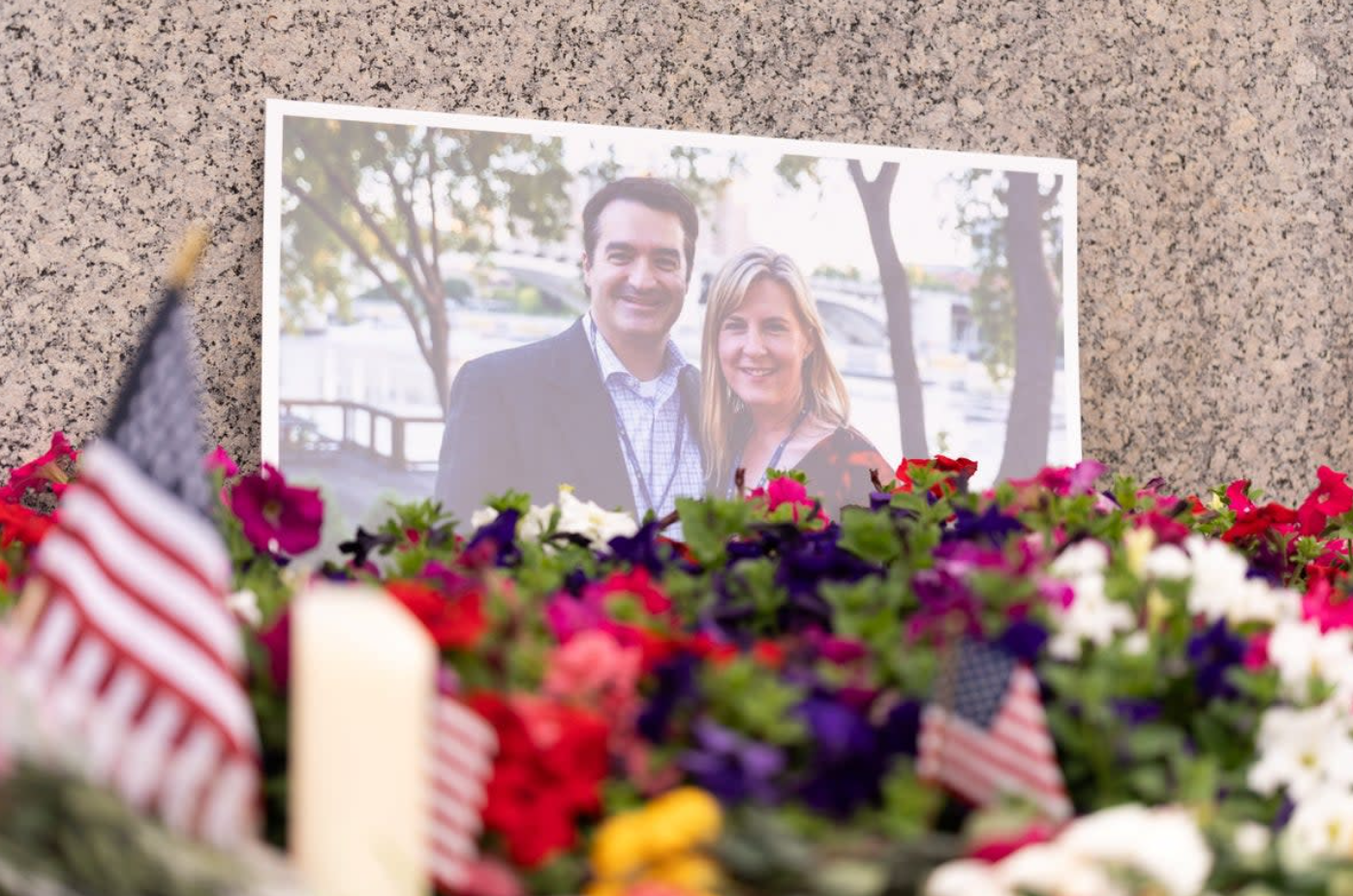 A memorial sits outside the Minnesota State Capitol in honor of murdered Democratic state assemblywoman Melissa Hortman and her husband Mark (REUTERS)