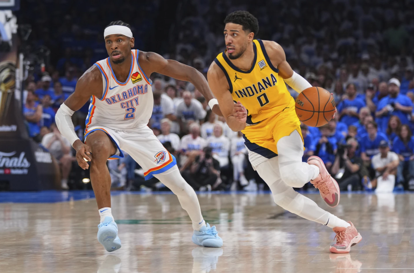 Pacers guard Tyrese Haliburton (0) attempts to drive past Thunder guard Shai Gilgeous-Alexander (2) during the second half of Game 5 of the NBA Finals on Monday, June 16, 2025, in Oklahoma City. AP